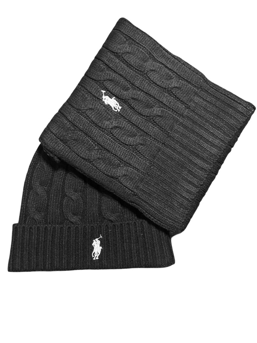 Ralph Lauren Black Cable-Knit Scarf & Beanie Set with White Polo Logos
